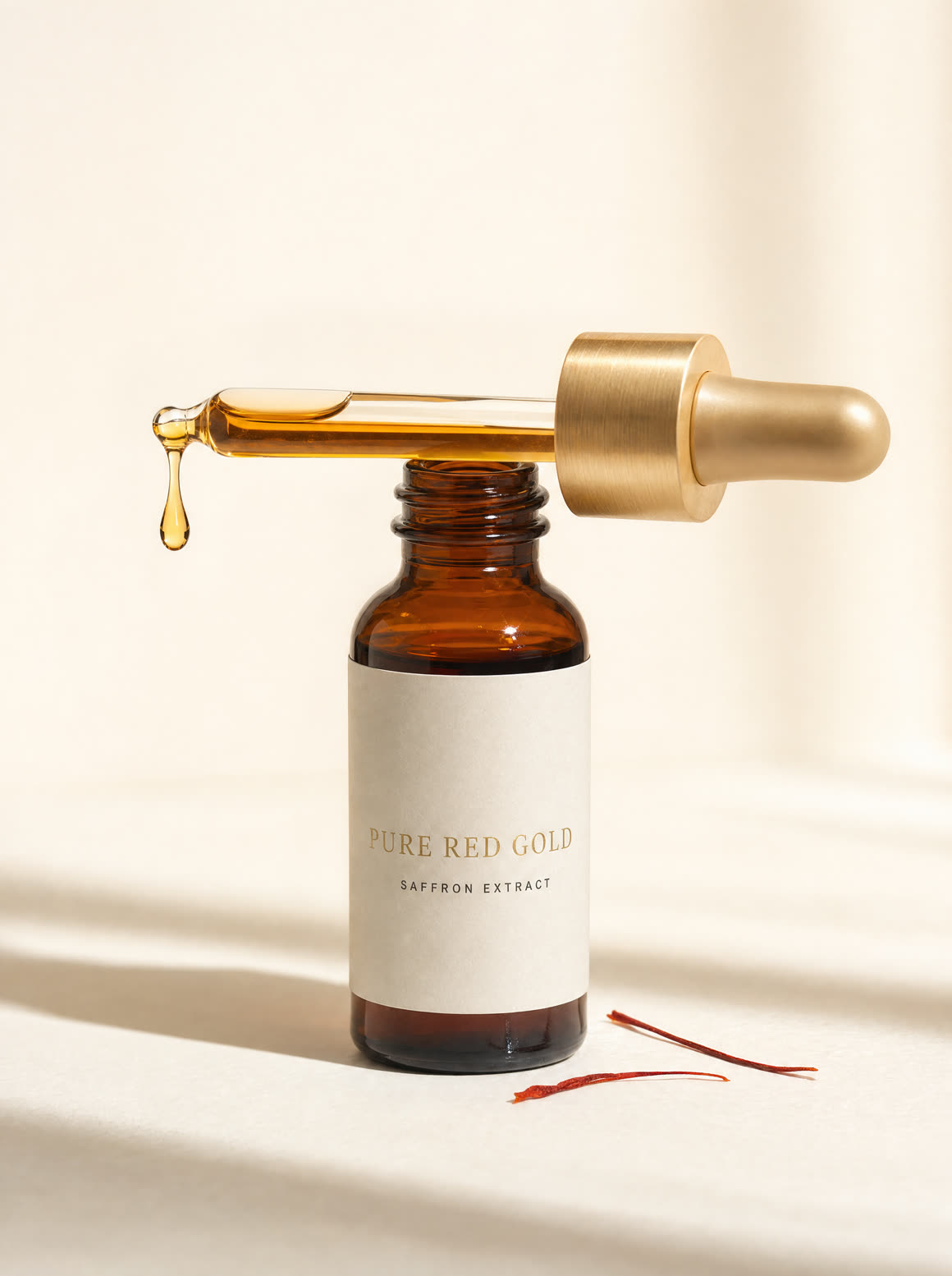 Glass dropper bottle of saffron extract, golden drop suspended