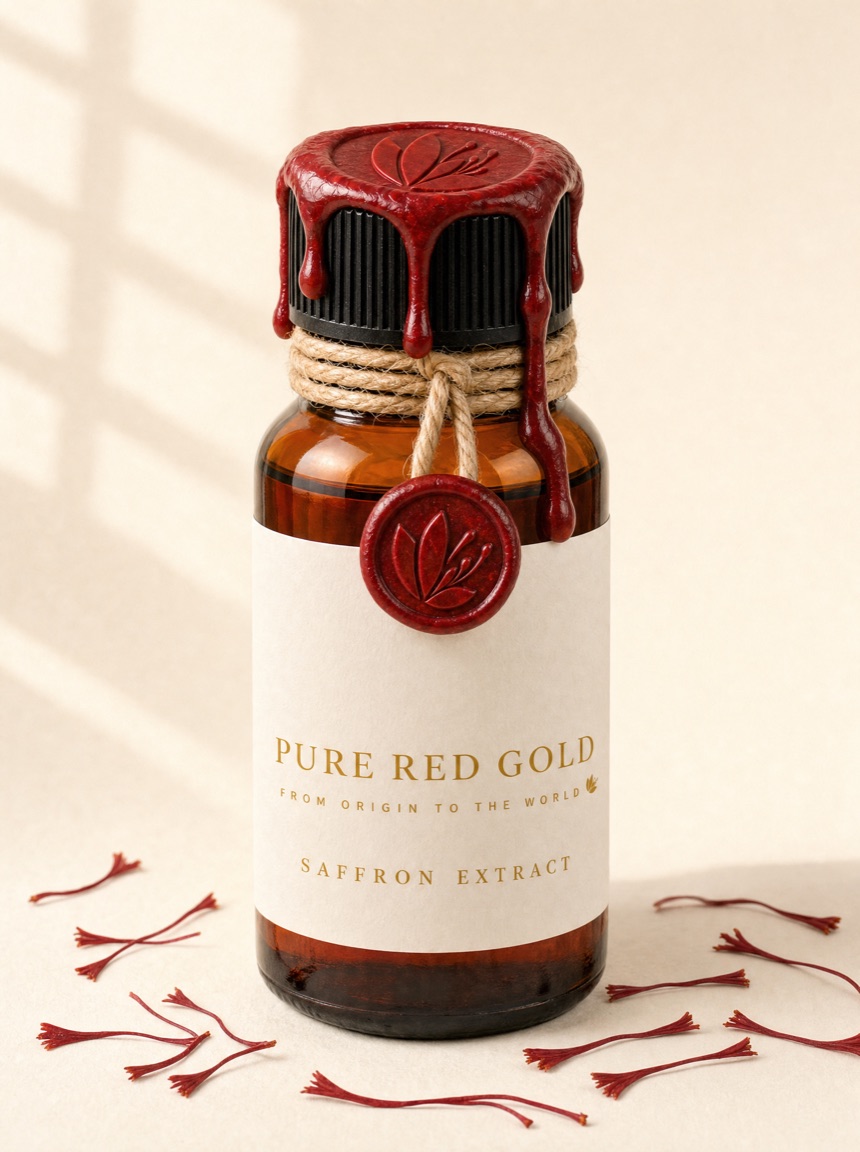 Amber glass bottle of saffron extract with a crimson wax seal, jute twine and a cream PURE RED GOLD label on warm ivory