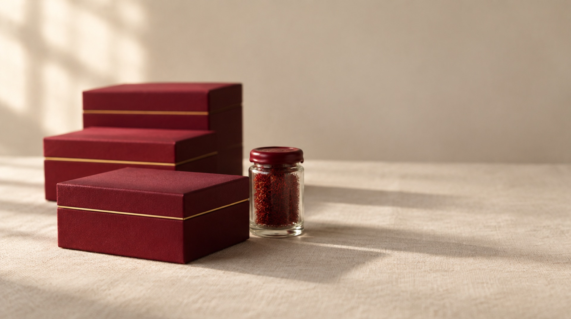 Three closed crimson gift boxes stacked beside a wax-sealed glass jar of saffron threads, on ivory linen in morning daylight