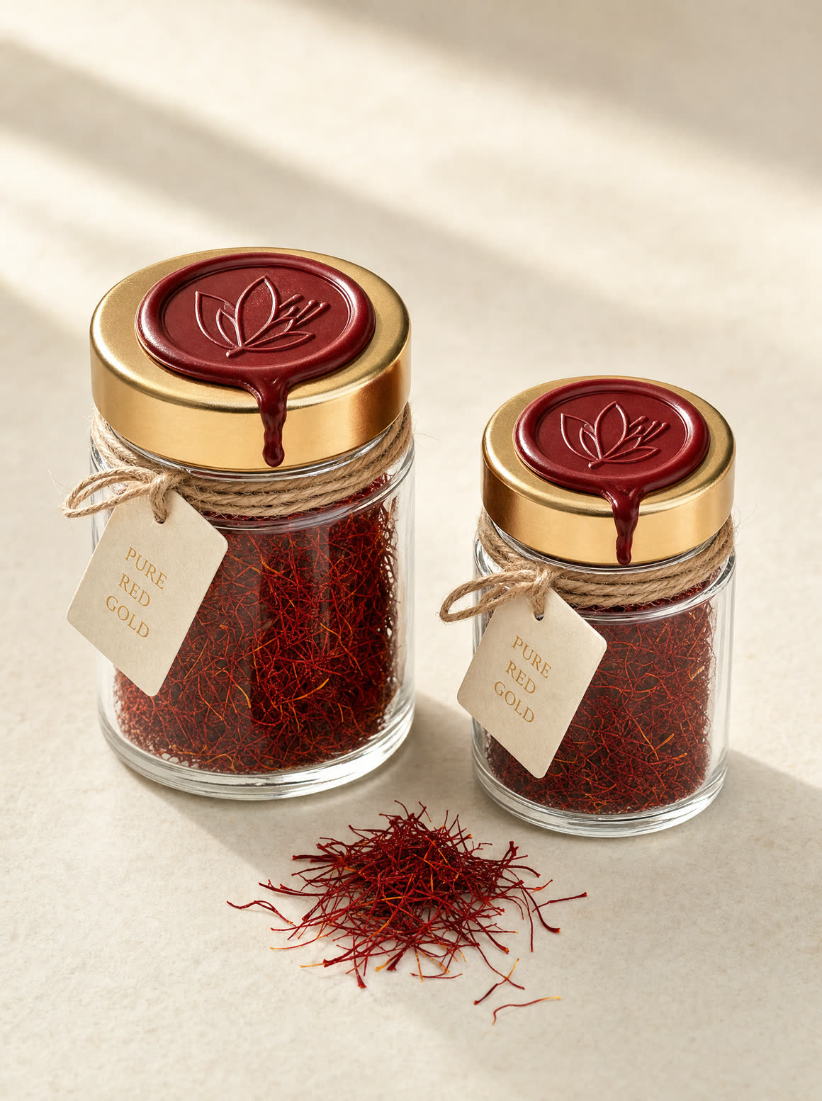 Two wax-sealed glass jars of Super Negin saffron threads on warm ivory