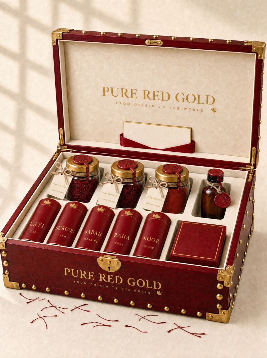 The MANDOOS chest open — a crimson brass-studded trunk fitted with saffron jars, the extract bottle and the five crimson tea tubes in cream velvet trays