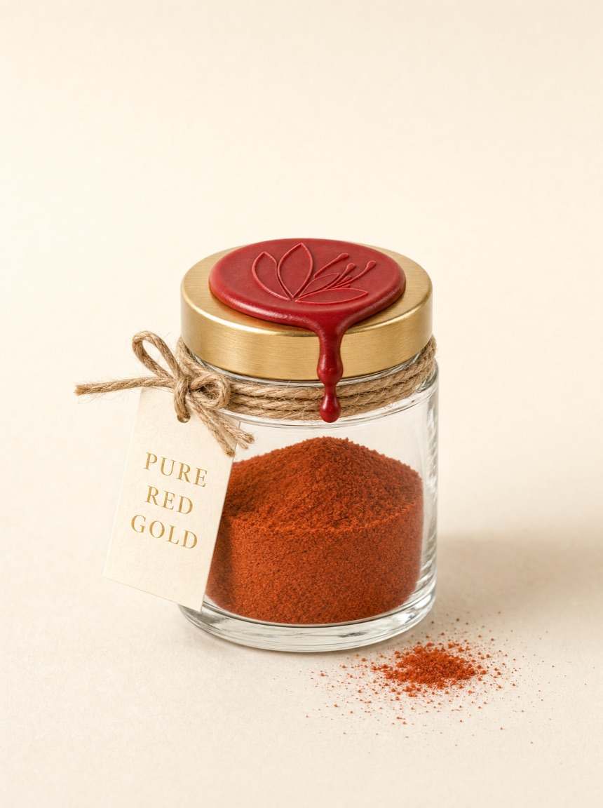 Clear glass jar of fine crimson saffron powder under a gold screw lid sealed with a crimson wax medallion embossed with the crocus, jute twine and a cream PURE RED GOLD hang tag at the neck