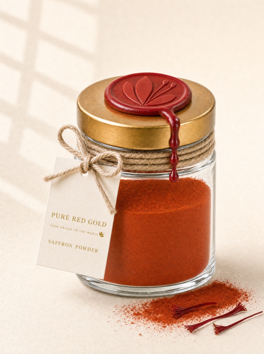 Clear glass jar of fine crimson saffron powder with a gold lid, crimson wax seal and cream hang tag on warm ivory