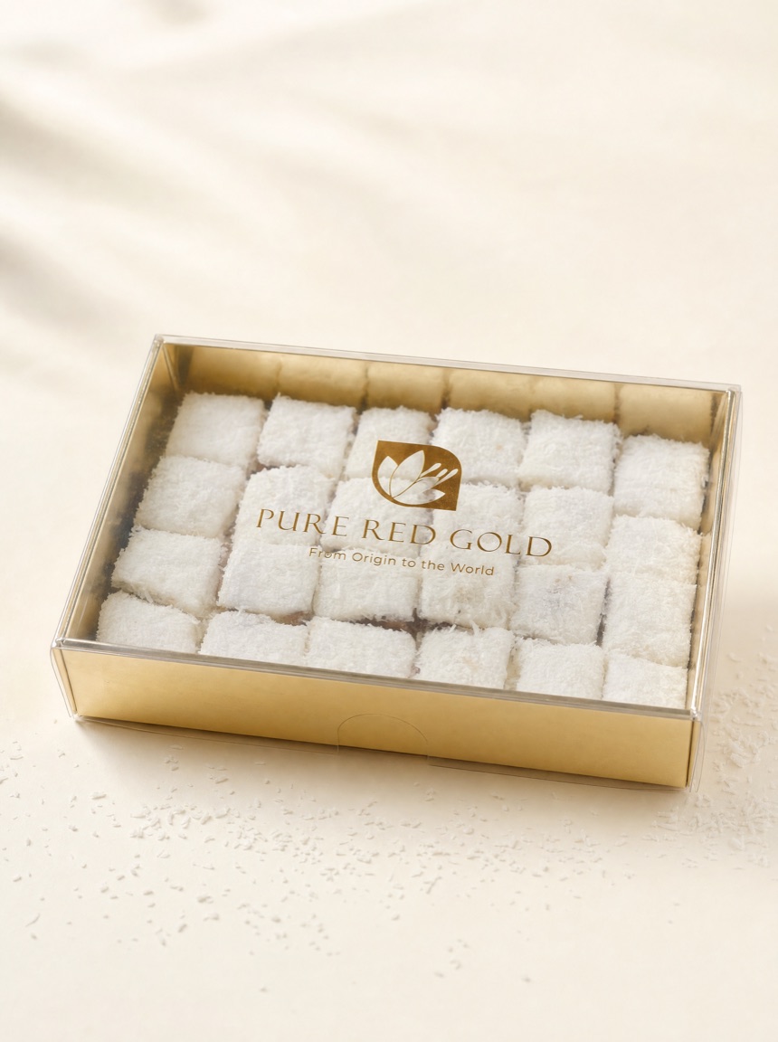 Gold box with a clear lid holding rows of white coconut-rolled sweets, gold Pure Red Gold wordmark printed on the lid