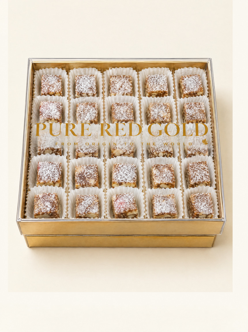A square gold foil tray of coconut-dusted macadamia date squares under a clear lift-off lid printed with the gold Pure Red Gold lockup, on warm ivory