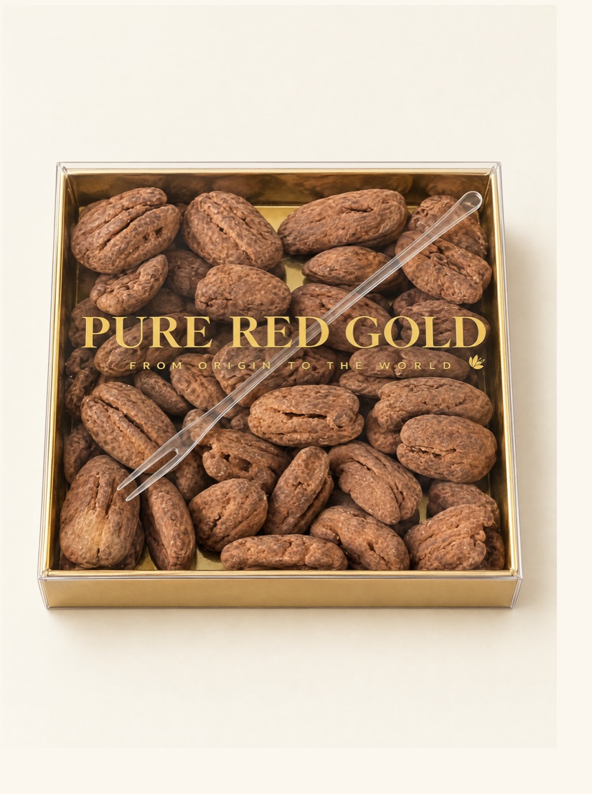 Square gold tray of cocoa-dusted pecan halves under a clear lid printed with the gold Pure Red Gold lockup, on warm ivory