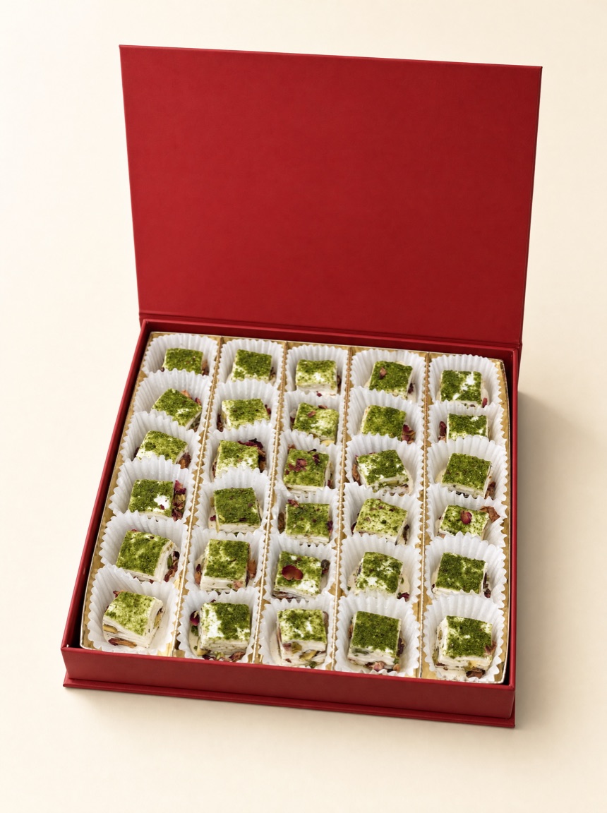 An open red Pure Red Gold gift box holding thirty pistachio-dusted mastic squares in fluted white paper cups, on warm ivory