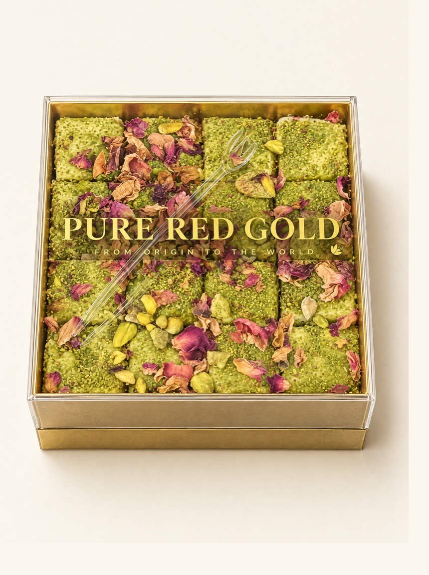 A square gold foil tray of pistachio-dusted mastic squares under a clear lift-off lid printed with the gold Pure Red Gold lockup, on warm ivory
