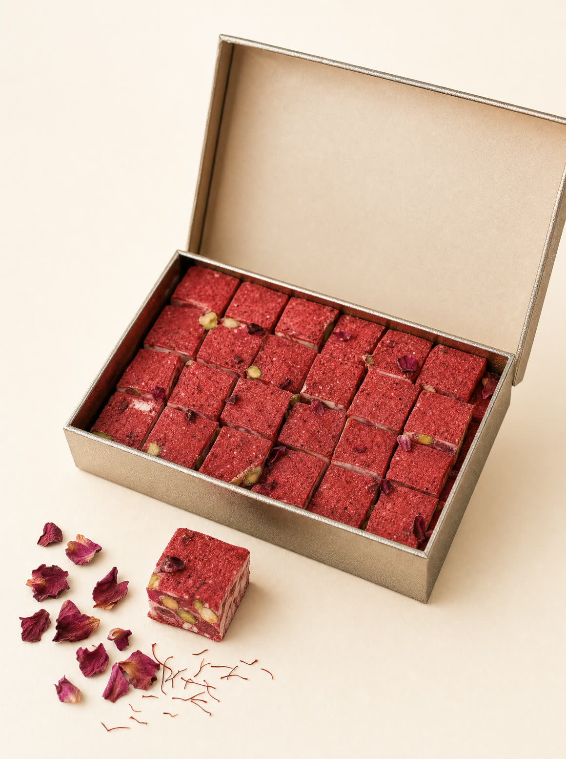 Open gift box of rose-red saffron and pistachio delights on warm ivory