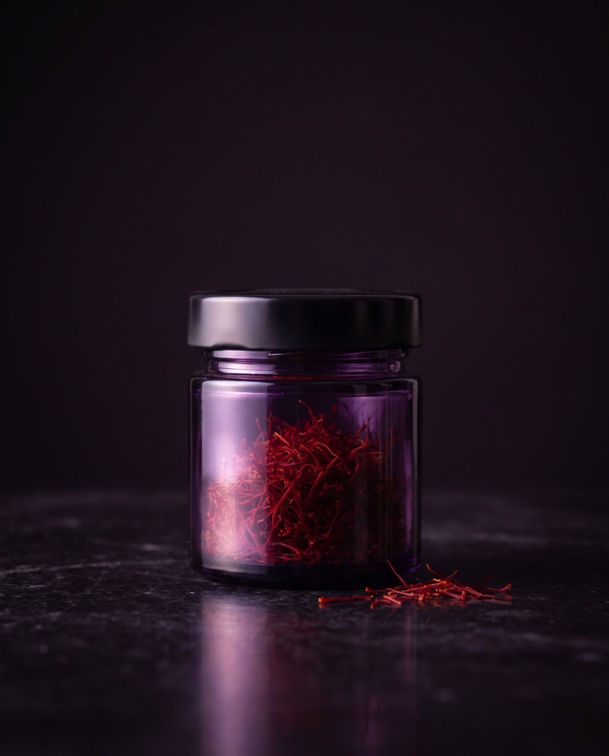 Light-proof glass jar of Super Negin saffron threads, loose threads scattered at its base