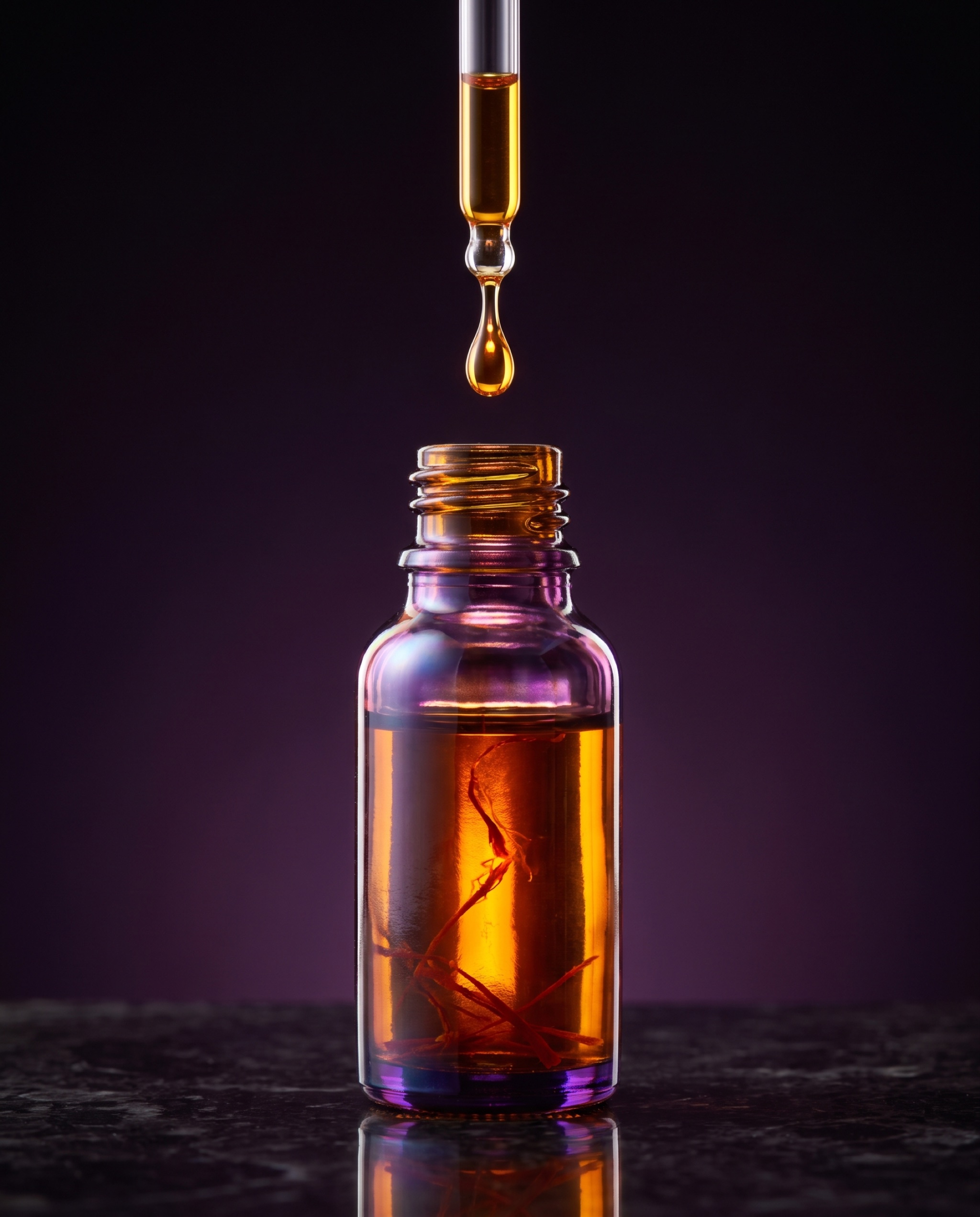 Glass dropper bottle of saffron extract with a single golden drop suspended from the pipette