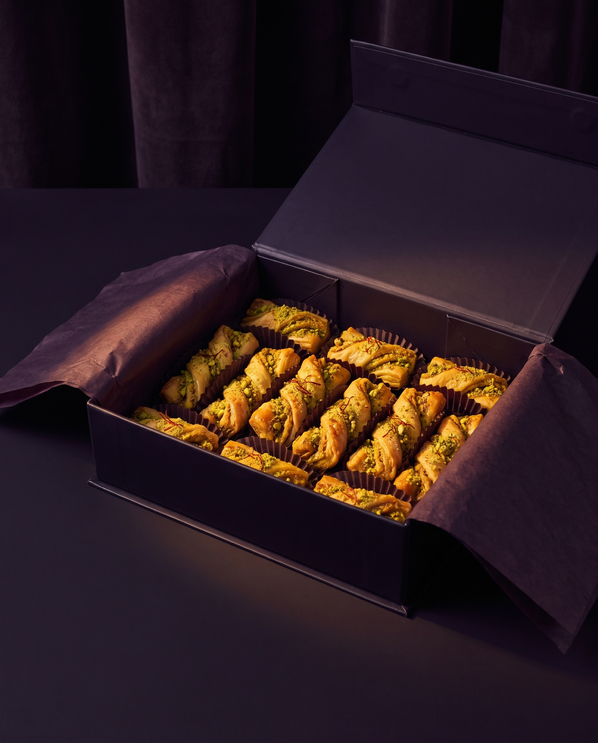 Open gift box revealing saffron and pistachio sweets dusted with crushed pistachio, in dark paper cups