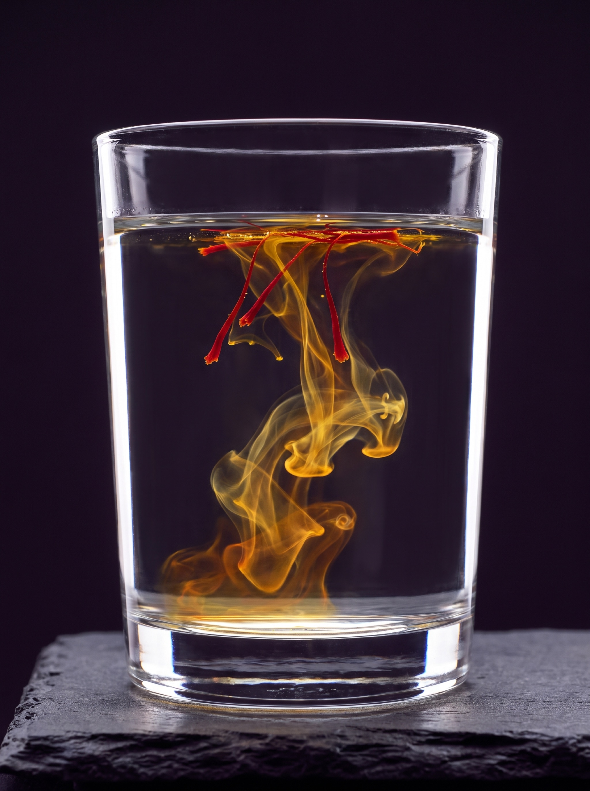 Saffron threads releasing slow golden ribbons through a glass of water — the water test in progress